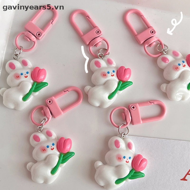 Móc Chìa Khóa Hình Thỏ Và Hoa Tulip Mini Dễ Thương