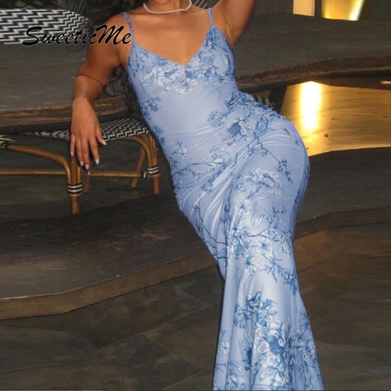 Đầm Dài Không Tay Hở Lưng Cổ Chữ V In Họa Tiết Hoa Thời Trang Mới 2023 Cho Nữ