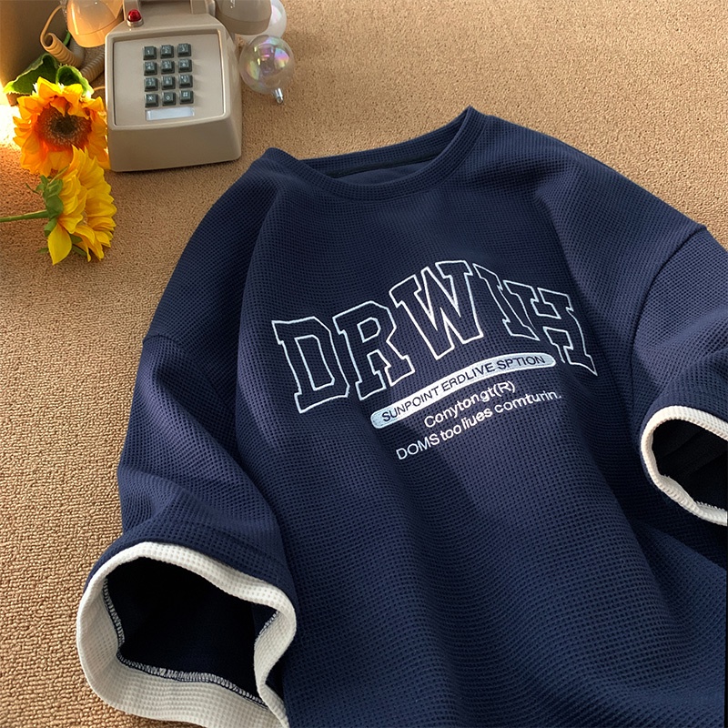 Áo Thun Cotton Ngắn Tay Dáng Rộng Giả Hai Lớp Phong Cách Retro Mỹ Mùa Hè Cho Nam