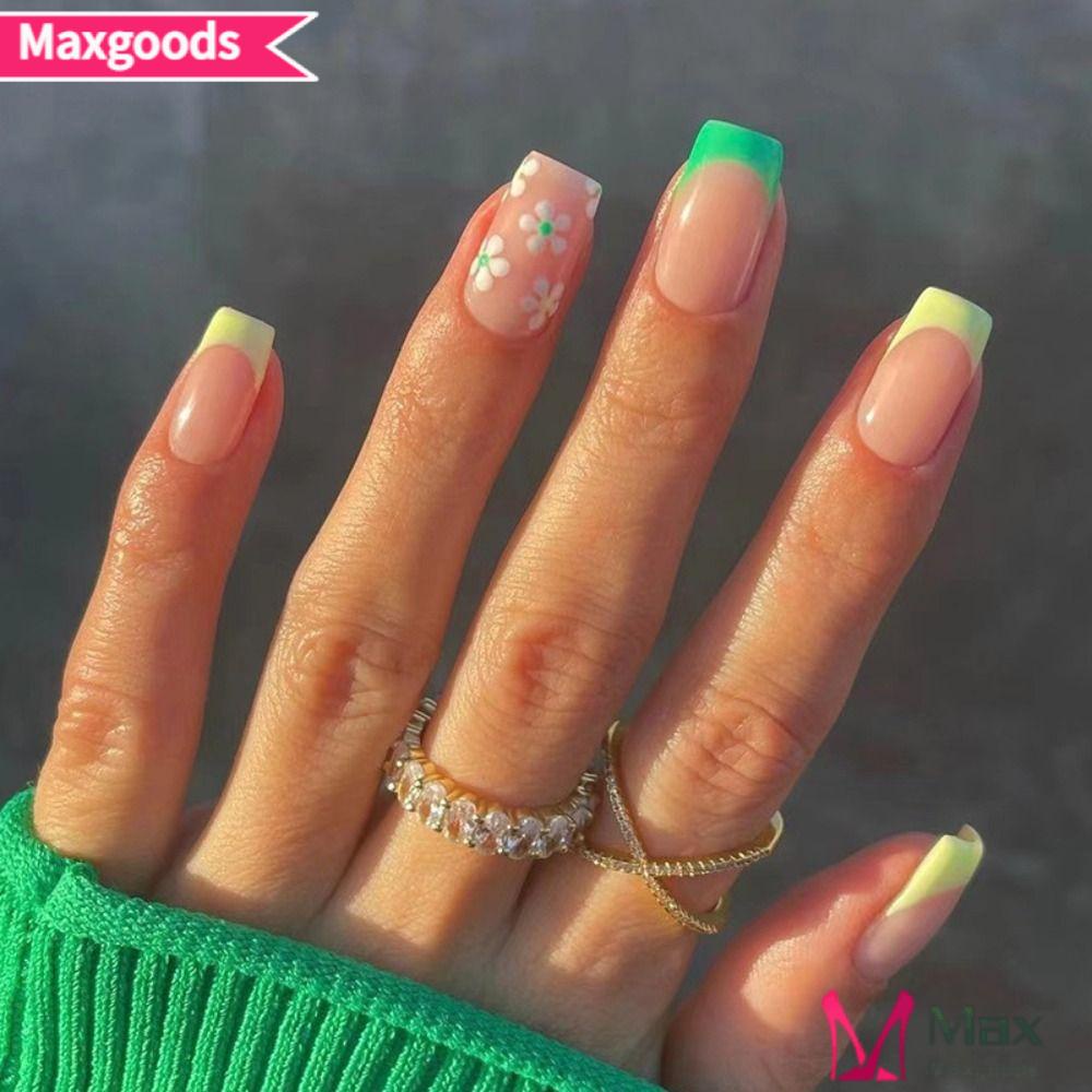 Bộ 24 Móng Tay Giả Hình Vuông Màu Xanh Lá / Đen Độc Đáo DIY