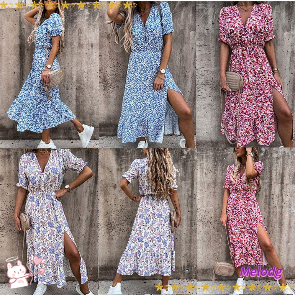 Đầm Tay Ngắn Cổ Chữ V Phong Cách Boho Thời Trang Mùa Hè