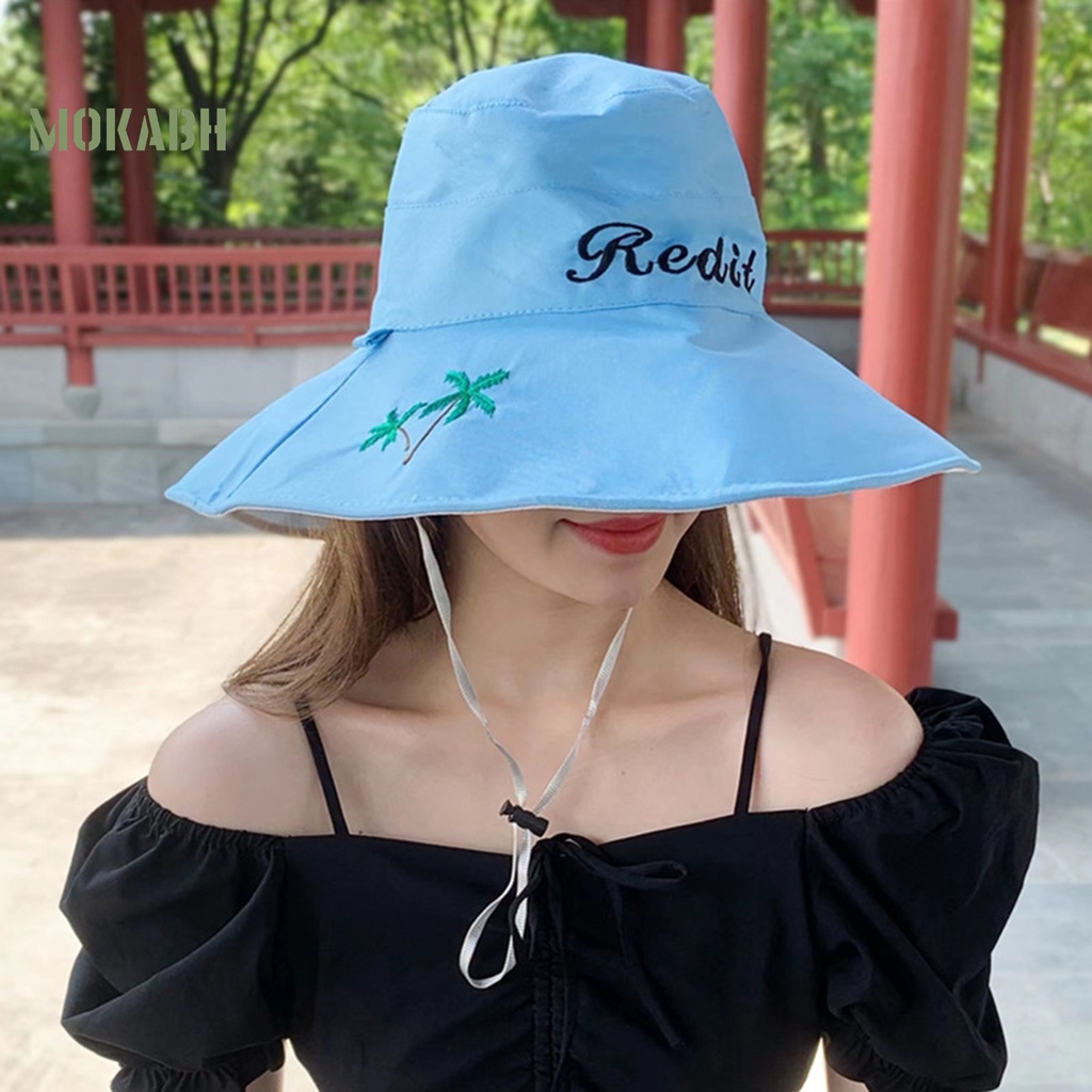 [Mok Abh] Nón Vành Tròn Dây Rút In Họa Tiết Cây Cối Và Chữ Cái Cho Nữ