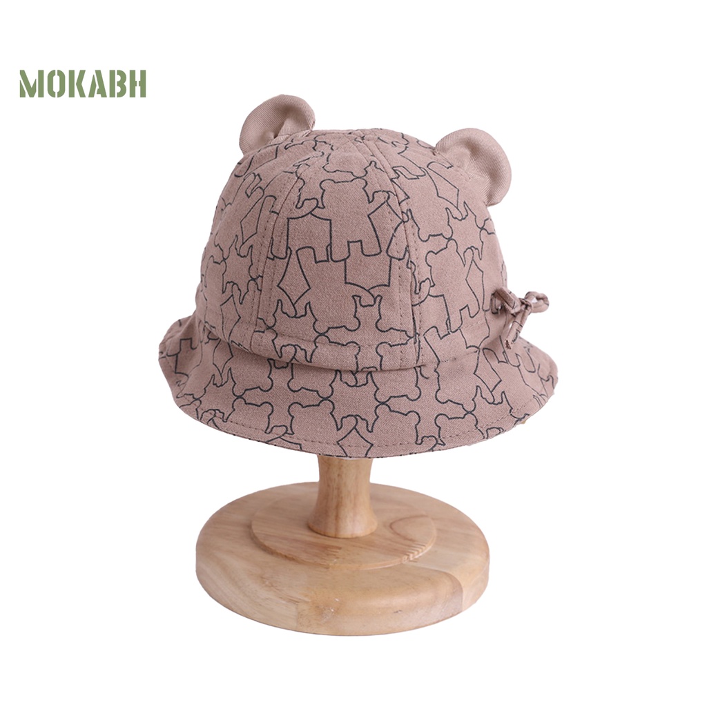 [Mok Abh] Mũ Ngư Dân Hình Tròn Mỏng Màu Tương Phản In Họa Tiết Gấu Hoạt Hình Có Thể Điều Chỉnh Bảo Vệ Tai Cho Trẻ Em