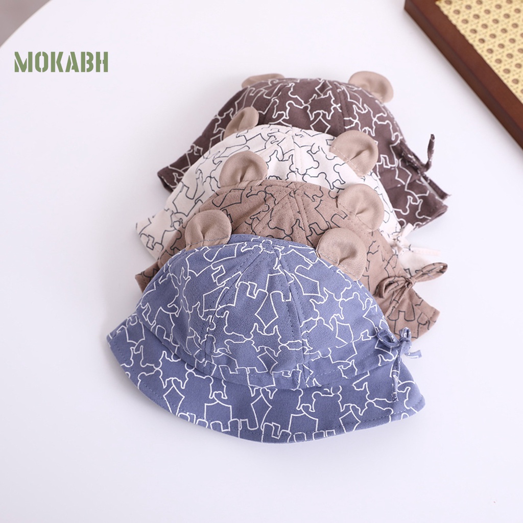 [Mok Abh] Mũ Ngư Dân Hình Tròn Mỏng Màu Tương Phản In Họa Tiết Gấu Hoạt Hình Có Thể Điều Chỉnh Bảo Vệ Tai Cho Trẻ Em
