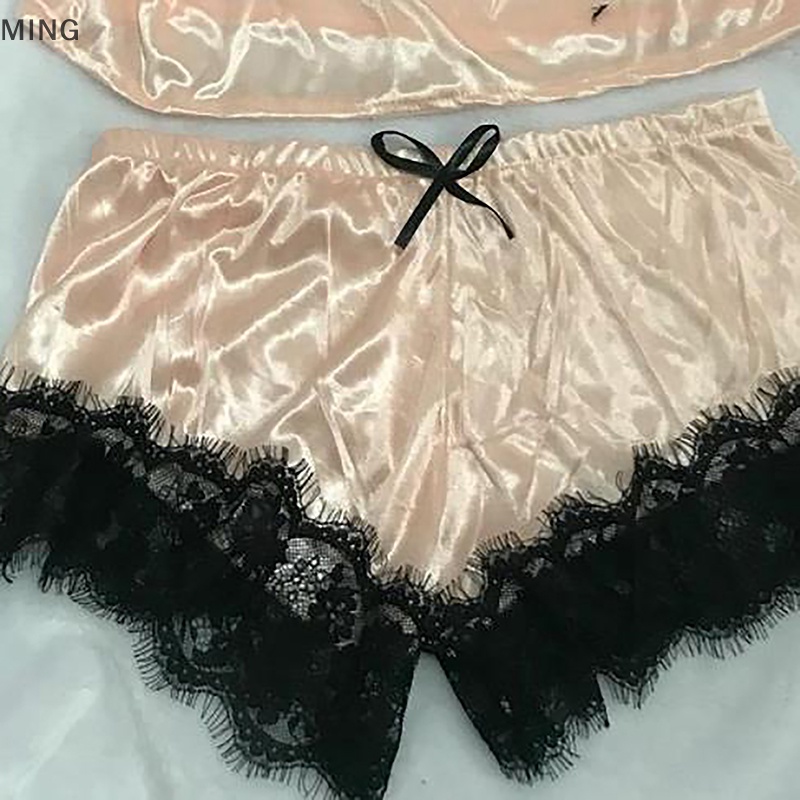 Bộ Đồ Ngủ 2 Món Bằng Lụa Sa Tanh Không Tay Phối Ren Gợi Cảm Cho Nữ