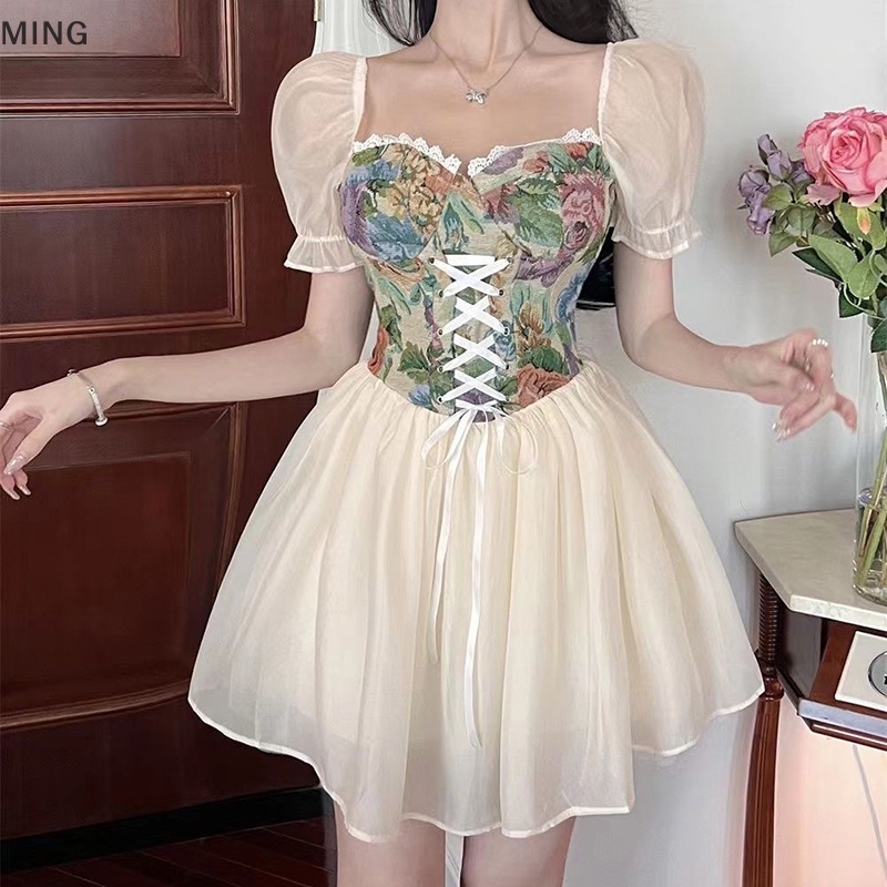 Đầm Cổ Vuông Eo Cao In Họa Tiết Hoa Thời Trang Mùa Hè Dành Cho Nữ