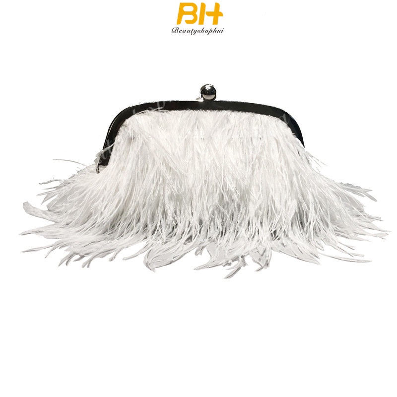 Túi Đeo Chéo Lông Đà Điểu Đính Ngọc Trai Thời Trang Cho Nữ