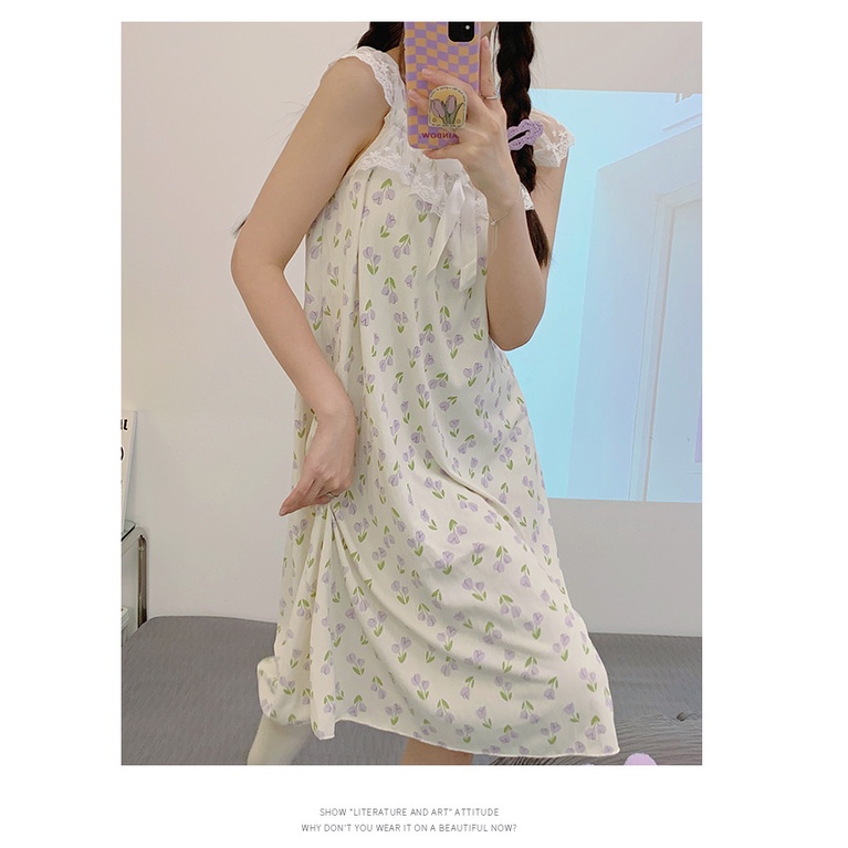 Đầm Ngủ Cotton Dệt Kim Phối Ren Có Đệm Ngực Phong Cách Công Chúa Ngọt Ngào Thời Trang Mùa Hè Kiểu Mới Dành Cho Nữ