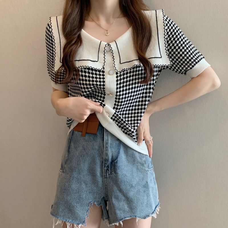 Cozok Áo Thun Dệt Kim Tay Ngắn Cổ Thủy Thủ Màu Tương Phản Thời Trang