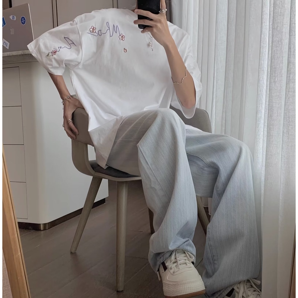 Áo Thun Cotton Ngắn Tay Dáng Rộng Thêu Hoa Nhỏ Kiểu Hàn Quốc Cho Nam