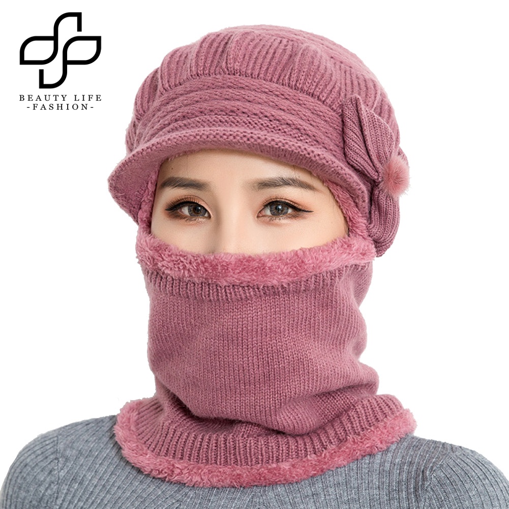 Mũ Beanie Kèm Mặt Nạ Màu Trơn Giữ Ấm Mùa Đông Thời Trang Cho Nữ