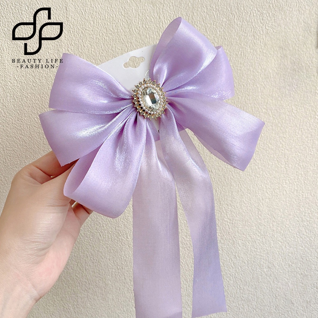 Kẹp Tóc Nơ Lớn Bằng Vải Ruy Băng Đính Đá Lấp Lánh Chống Trượt