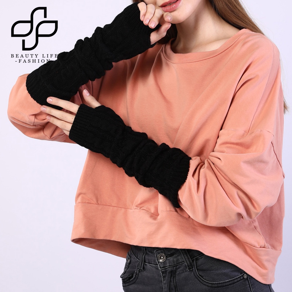 1 Cặp Găng Tay Len Hở Ngón Giữ Ấm Màu Trơn Cho Nữ