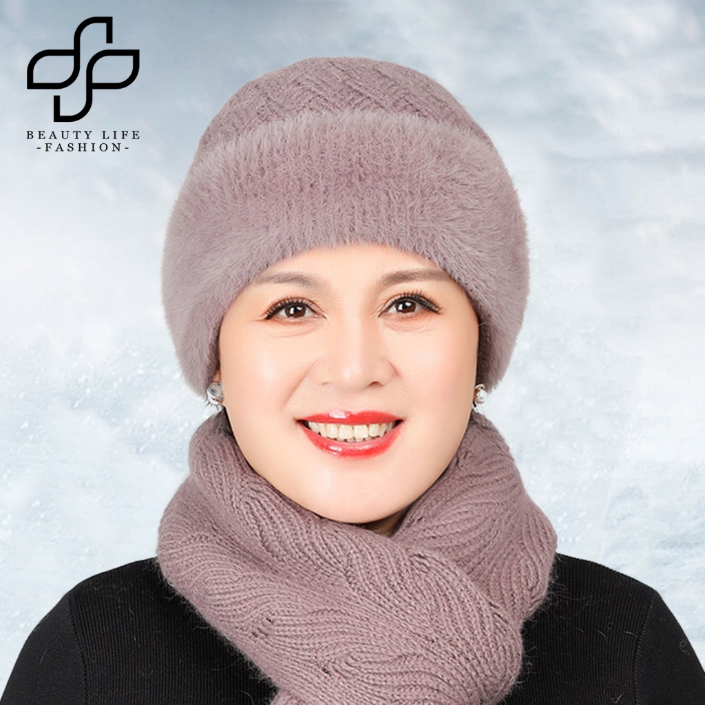 Nón Len Lông Thỏ Nhân Tạo Màu Trơn Co Giãn Giữ Ấm Mùa Thu Đông Dành Cho Phụ Nữ Trung Niên