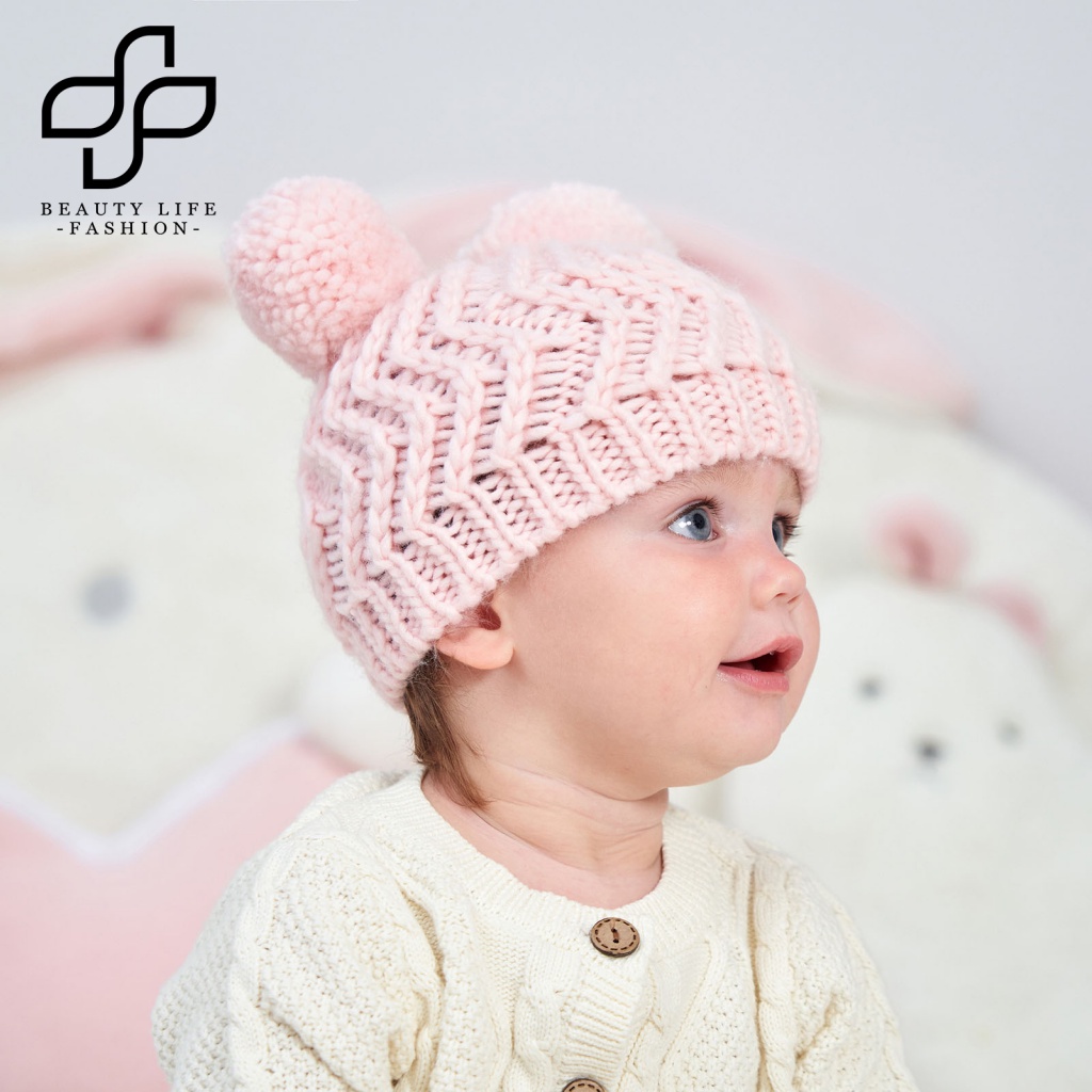 Beautylife Mũ Len Beanie Dệt Kim Dày Dặn Co Giãn Đính Hai Quả Bông Màu Trơn Thời Trang Thu Đông Dành Cho Bé Trai Bé Gái