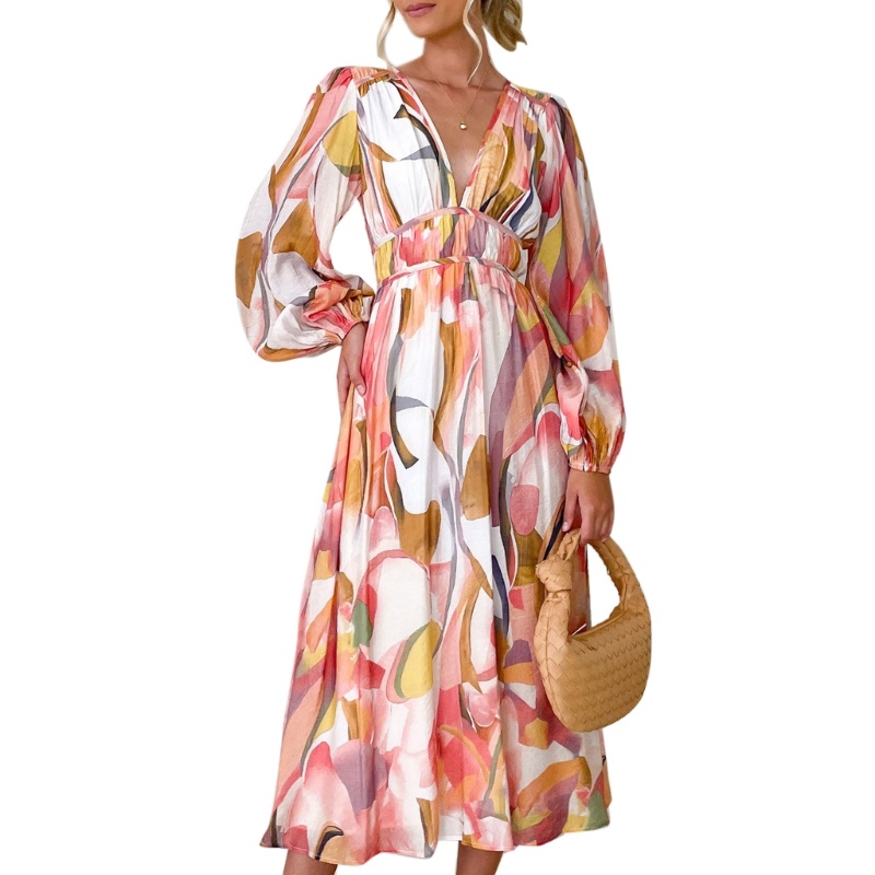 Đầm Dài Tay Phồng Cổ Chữ V In Hoa Thời Trang Mùa Hè Thanh Lịch Dành Cho Nữ