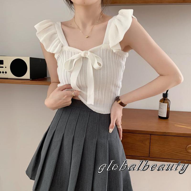 Áo Crop Top Không Tay Nhún Bèo Màu Sắc Đơn Giản Thời Trang Mùa Hè Cho Nữ