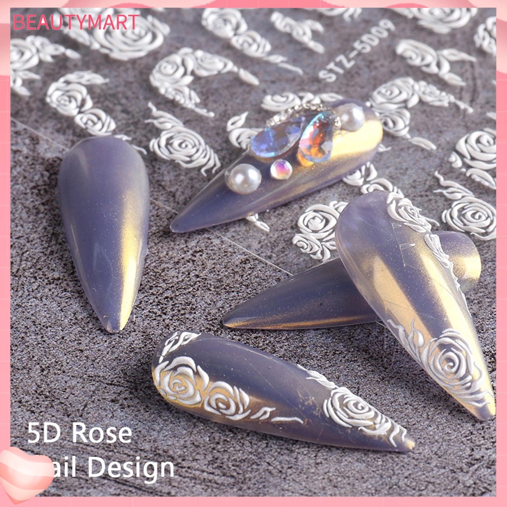 Miếng Dán Móng Tay Hiệu Ứng 5D Không Phai Siêu Mỏng Họa Tiết Hoa Dập Nổi Màu Trắng Dùng Trang Trí Móng Tay