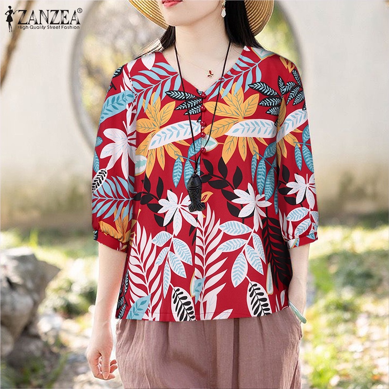 ZANZEA Áo Nữ Tay Lửng Cổ Chữ V In Hoa Thời Trang Hàn Quốc