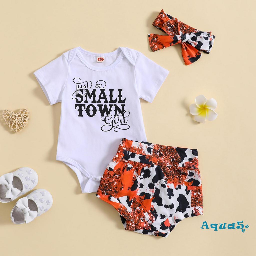 Bộ 3 Món Áo Liền Quần Cổ Thuyền Tay Ngắn In Chữ + Quần Short + Băng Đô In Họa Tiết Bò Sữa Dễ Thương Cho