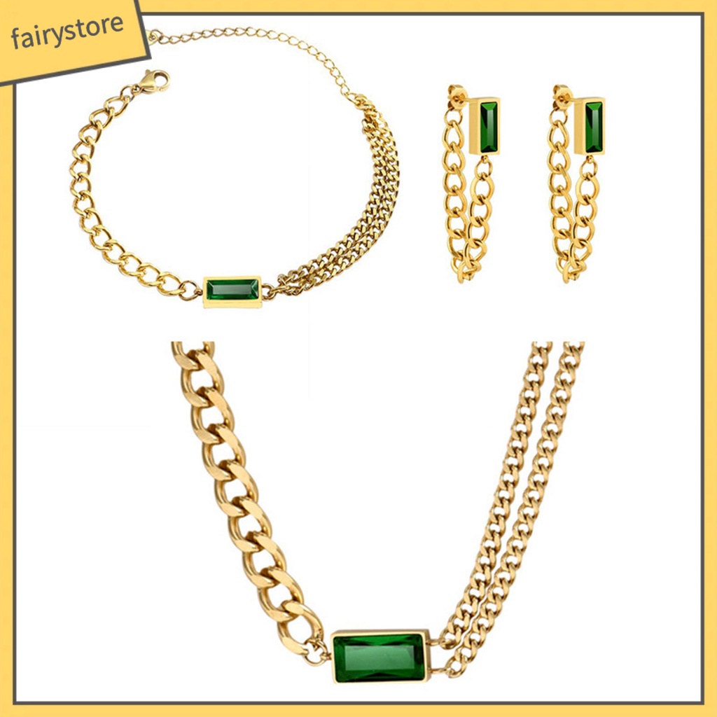 [FRO] Bộ Trang Sức Vòng cổ / Bông Tai / Vòng Tay Mặt Vuông Đính Đá Zircon Vintage Cho Nữ