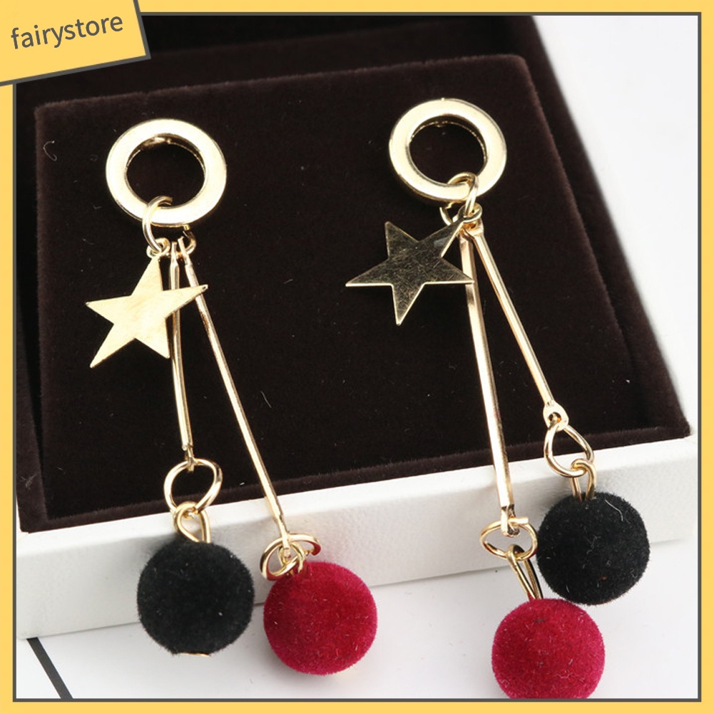 Khuyên Tai Dáng Dài Hình Ngôi Sao Năm Cánh Đính Quả Bông Đơn Giản Cho Nữ