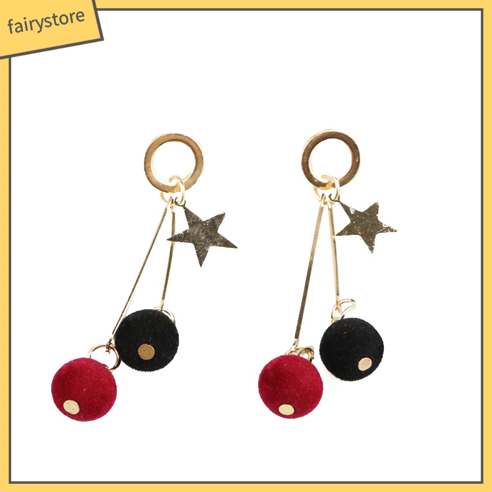 Khuyên Tai Dáng Dài Hình Ngôi Sao Năm Cánh Đính Quả Bông Đơn Giản Cho Nữ