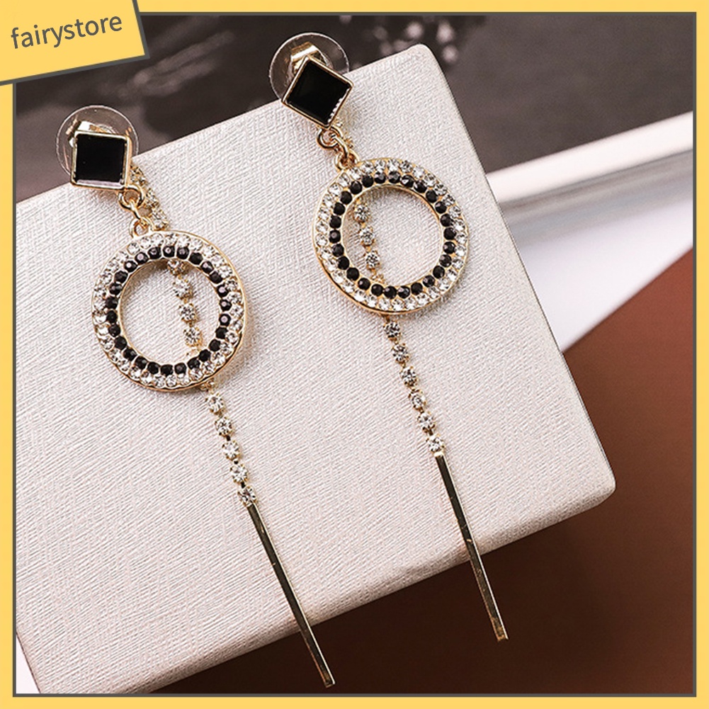 Bông Tai Dáng Dài Hình Tròn Rỗng Đính Đá Thời Trang