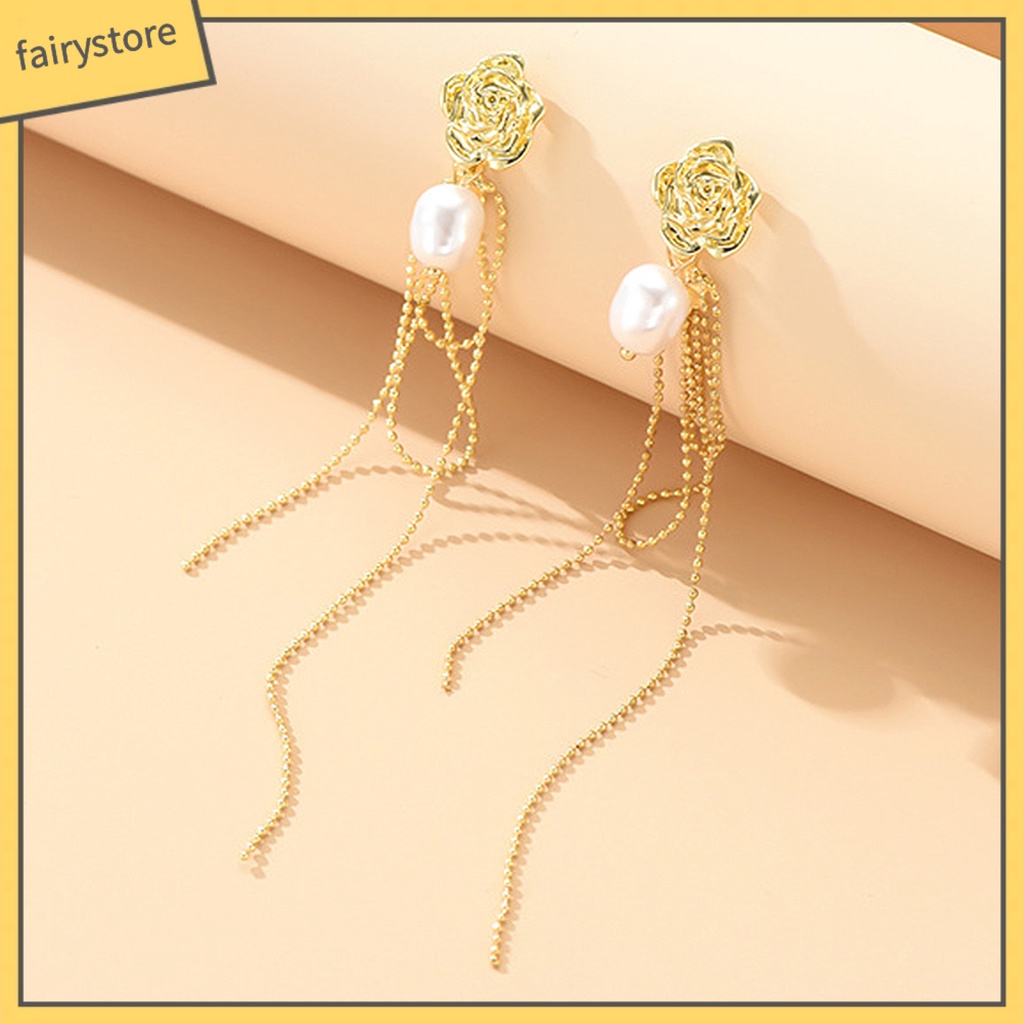 1 Đôi Bông Tai Hình Hoa Hồng Đính Ngọc Trai Nhân Tạo Thời Trang