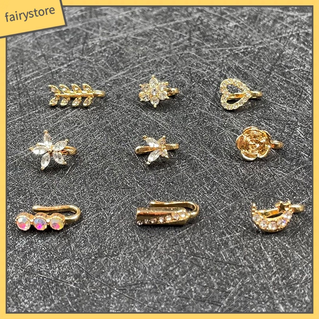 [FRO] Set 9 Khuyên Mũi Đính Kim Cương Giả Hình Xương / Mặt Trăng / Bông Hoa Không Cần