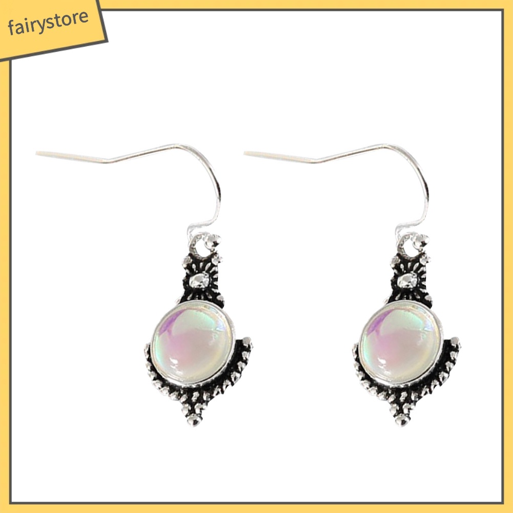 Bông Tai Móc Dáng Dài Đính Đá Mặt Trăng Màu Sắc Cầu Vồng Phong Cách Vintage