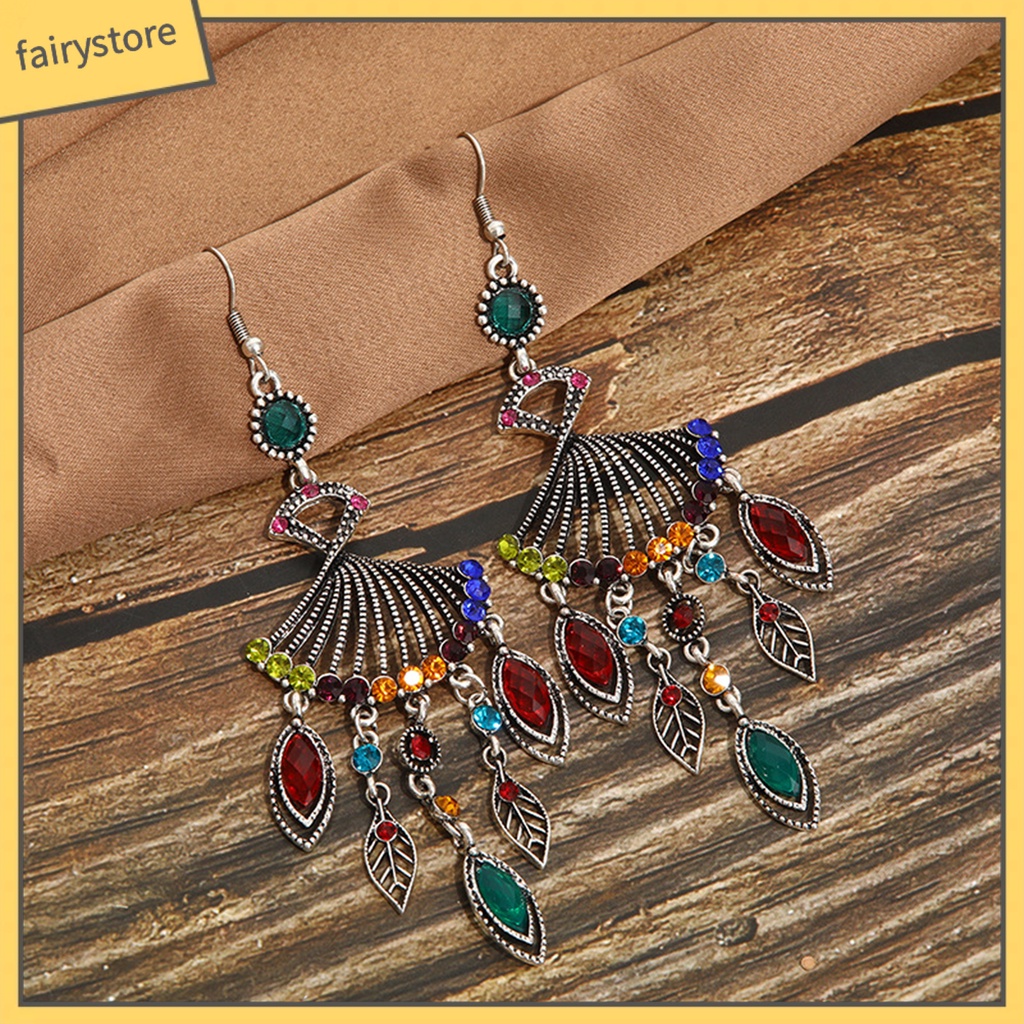 1 Đôi Bông Tai Dáng Dài Hình Quạt Đính Pha Lê Giả Phong Cách Bohemian Thời Trang Cho Nữ