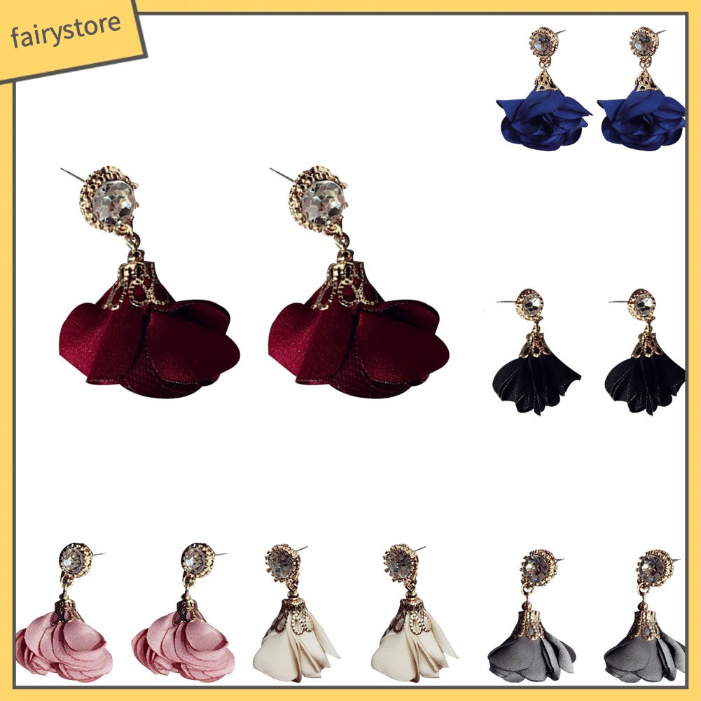 Bông Tai Dáng Dài Hình Cánh Hoa Đính Đá Thời Trang Cho Nữ