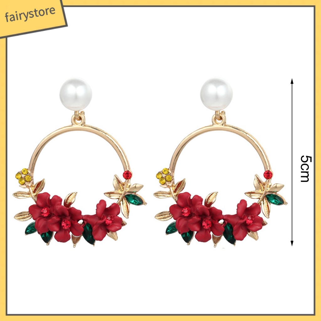 1 Đôi Bông Tai Tròn Đính Đá &amp; Ngọc Trai Giả Hình Hoa Dễ Thương