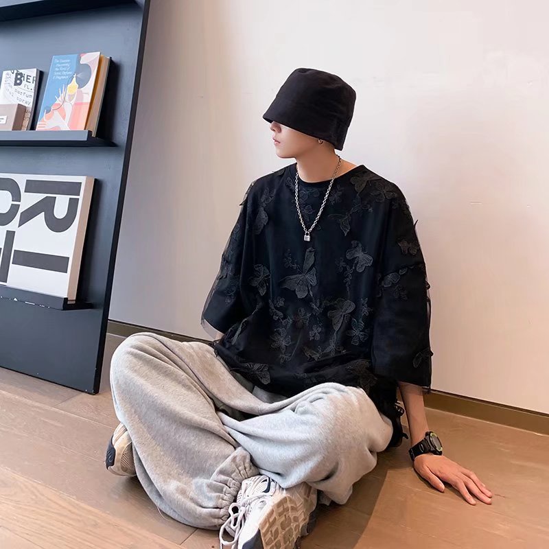 Áo Thun Ngắn Tay Giả Hai Lớp Họa Tiết Bướm Phong Cách Đường Phố Cho Nam Nữ