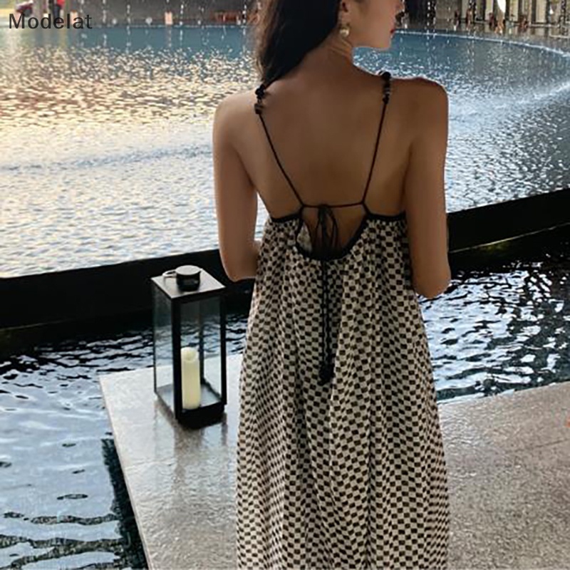 Đầm Chiffon Hai Dây Hở Lưng Họa Tiết Sọc Caro Phong Cách Boho Quyến Rũ Cho Nữ