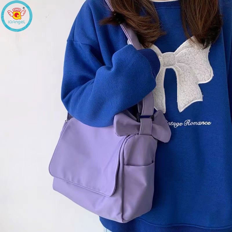 Iq Túi canvas Đeo Chéo Một Bên Vai Màu Trơn Thắt Nơ Phong Cách Hàn Quốc Nhật Bản Đơn Giản Đa Năng Cho Nữ Sinh