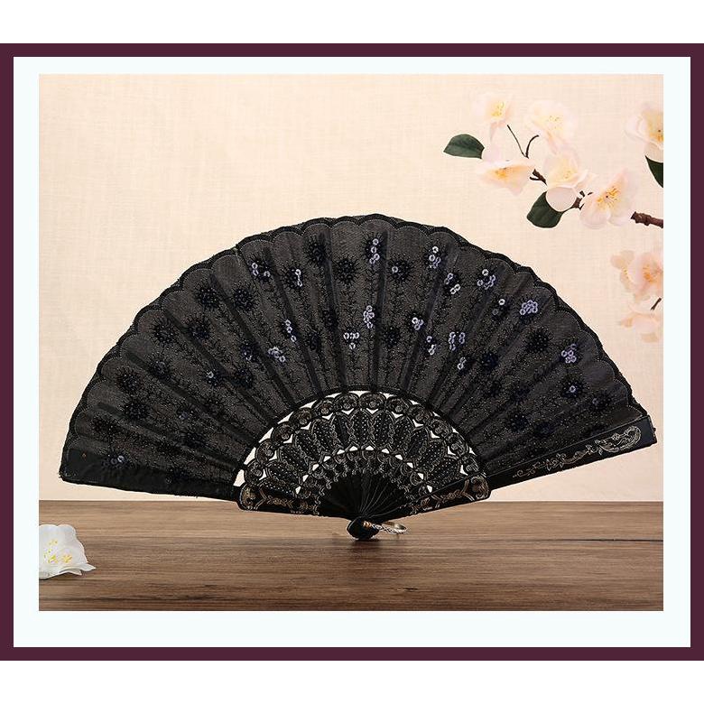 Quạt Xếp Cầm Tay Bằng Nhựa Thêu Họa Tiết Lấp Lánh Màu Đen Cho Nữ