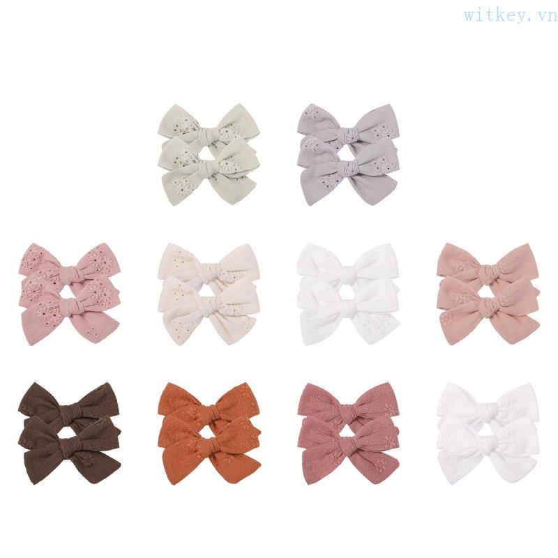 Set 2 Kẹp Tóc Nơ Thêu Hoa Màu Trơn Ngọt Ngào Cho Bé Gái