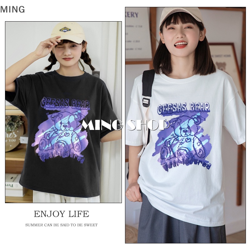 Áo Thun Nữ Tay Ngắn Dáng Rộng In Hình Gấu Trẻ Trung