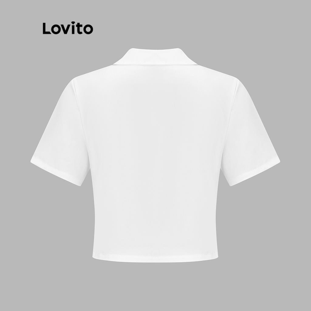 Lovito Áo sơ mi ngắn tay cổ tròn trơn có khóa kéo đơn giản cho nữ LNA07023 (Trắng)