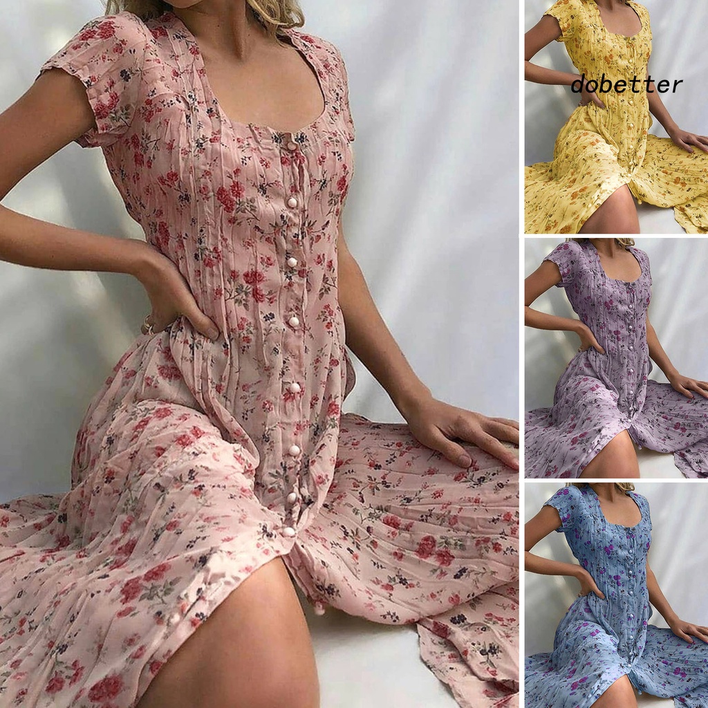 [DO] Đầm Maxi Tay Ngắn In Hoa Viền Lớn Cài Một Hàng Nút Thanh Lịch Mùa Hè Cho Nữ