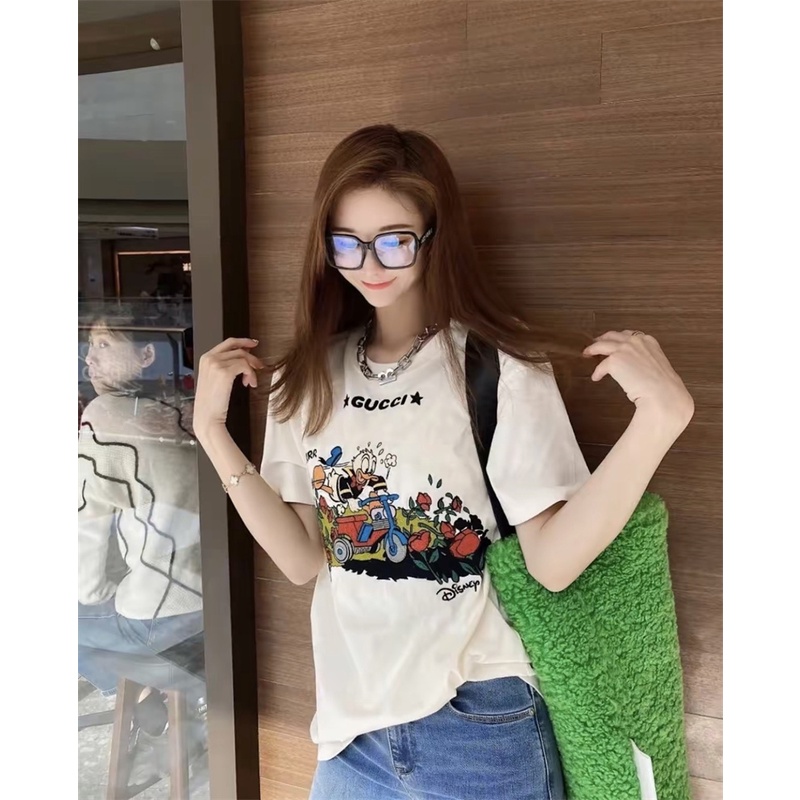 Áo Thun Tay Ngắn Thêu Họa Tiết Vịt Donald / Hoa Hồng Thời Trang