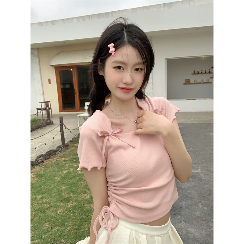 Áo Thun Tay Ngắn Cột Dây Bằng Lụa Lạnh Màu Hồng Phong Cách Nhật Bản Thời Trang Mùa Hè Hàng Mới Dành Cho