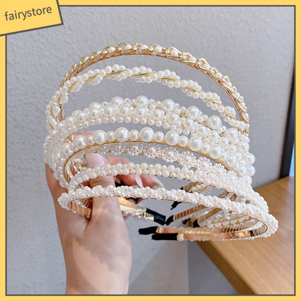 Băng Đô Cài Tóc Đính Ngọc Trai Nhân Tạo Màu Trơn Co Giãn Chống Trượt Trọng Lượng Nhẹ