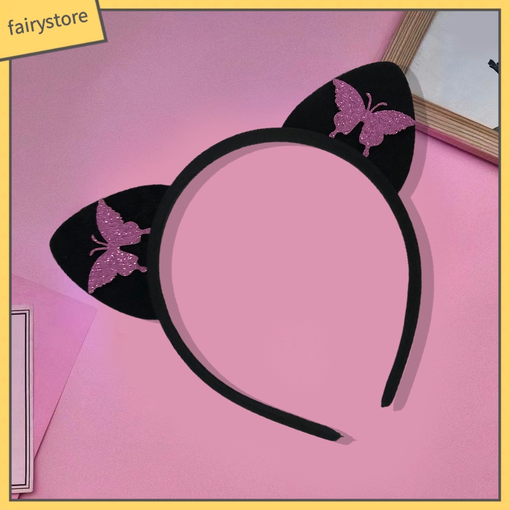 Băng Đô Tai Mèo Bằng Vải Chống Trượt In Họa Tiết Bướm Dễ Thương