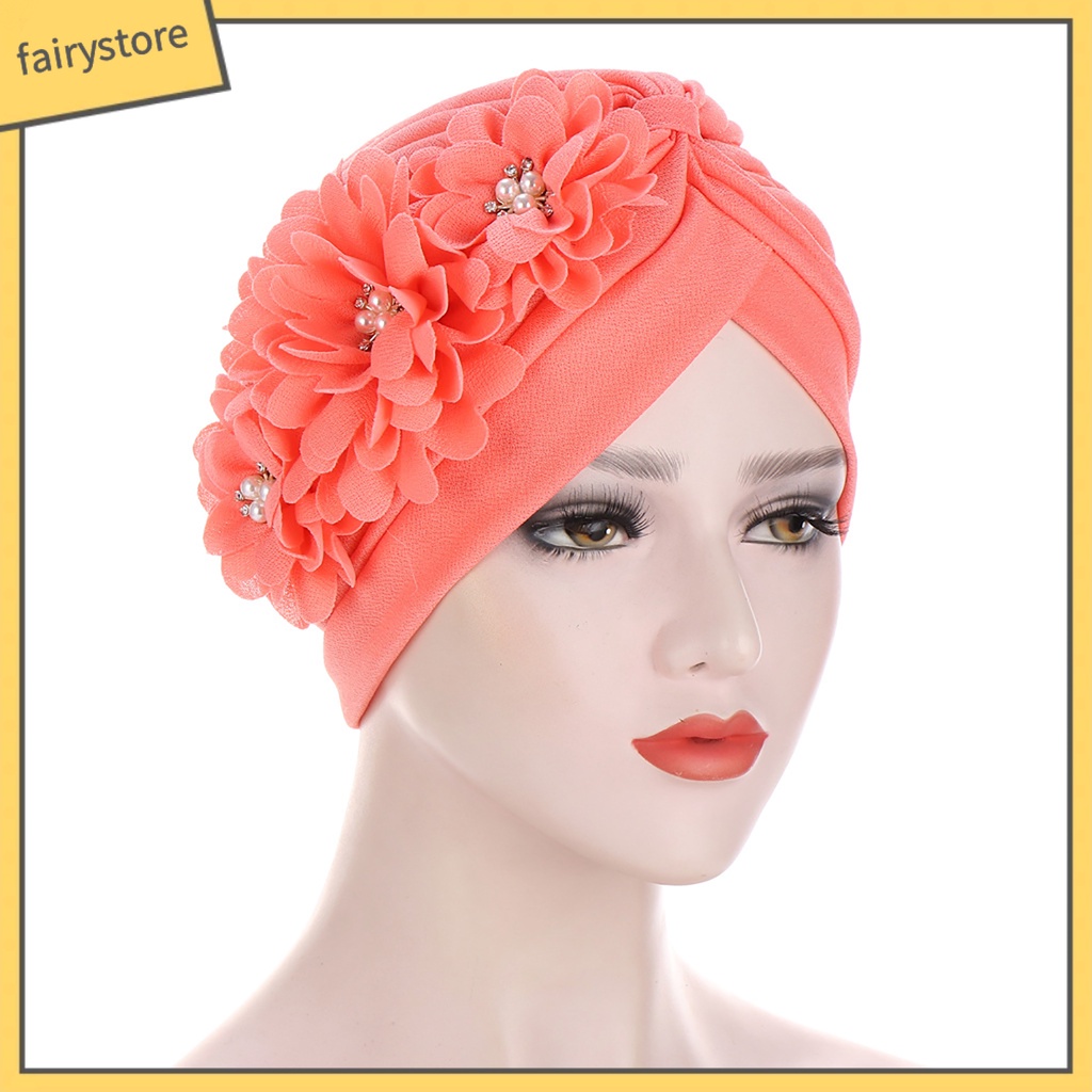 Mũ Turban Trùm Đầu Co Giãn Thiết Kế Ba Bông Hoa Thời Trang