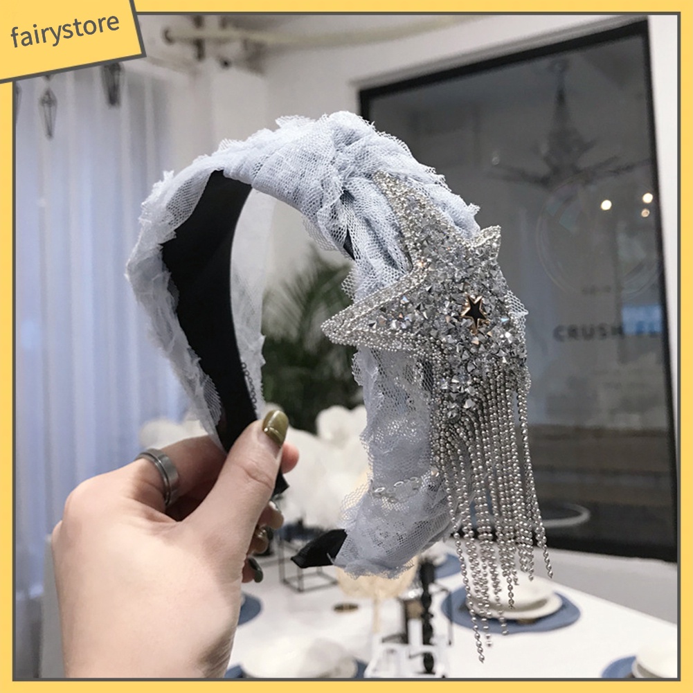 Băng Đô Cài Tóc Bản Rộng Thắt Nút Đính Đá &amp; Tua Rua Cho Nữ