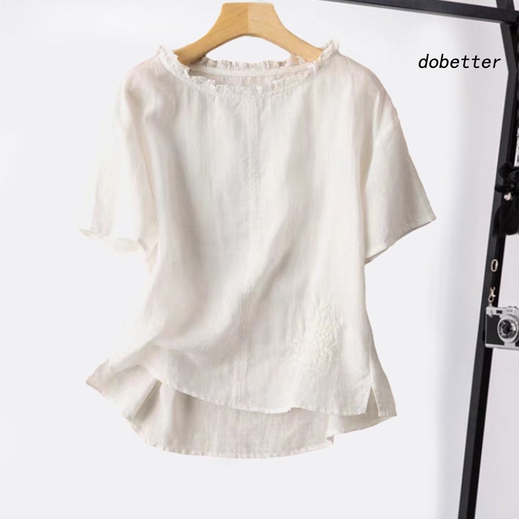 Áo Thun Ngắn Tay Cổ Tròn Thêu Hoa Màu Trơn Thời Trang Mùa Hè Cho Nữ