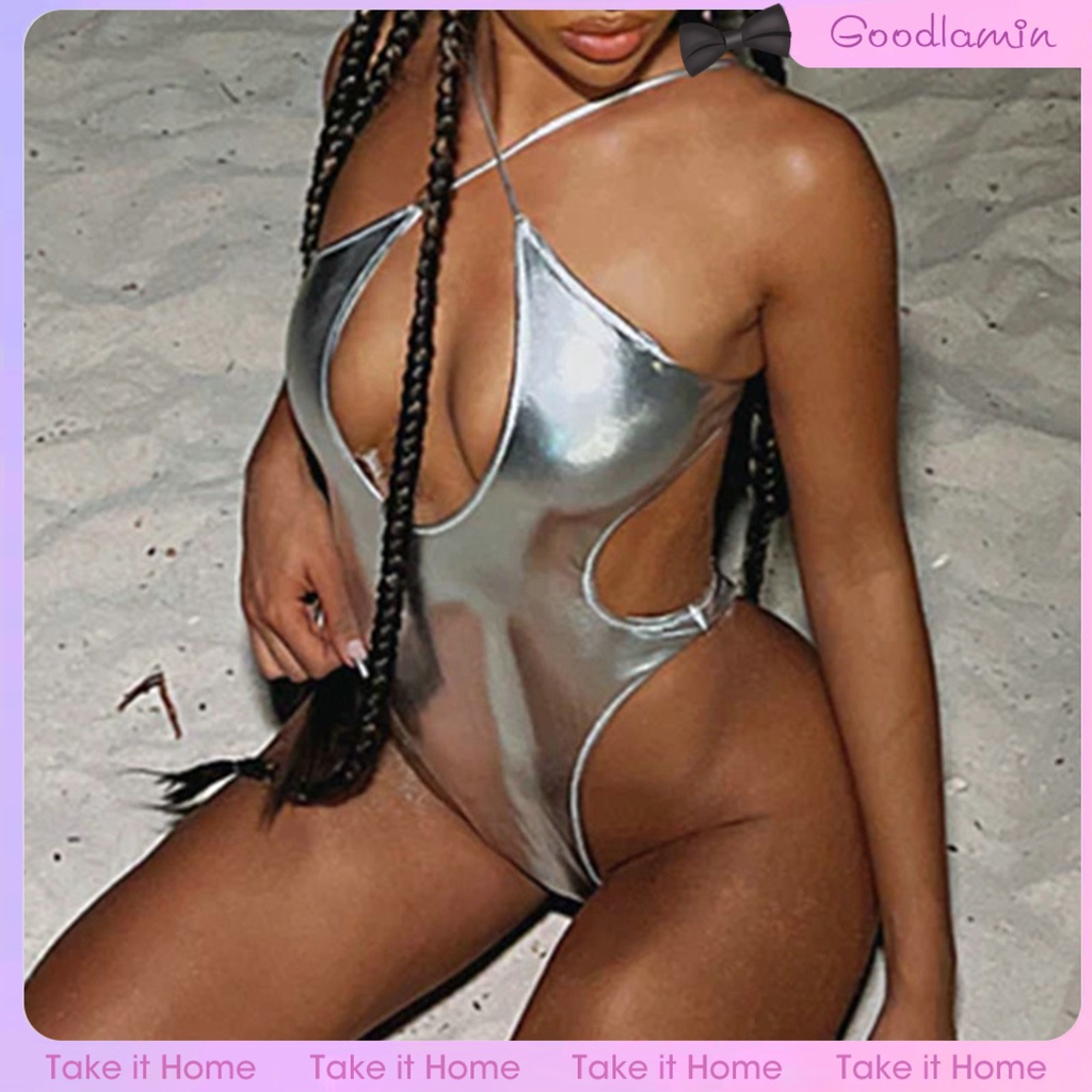Goodlaminyz Bikini Một Mảnh Hở Lưng Cổ Chữ V Màu Bạc Sáng Hở Lưng Đi Biển Dành Cho Nữ